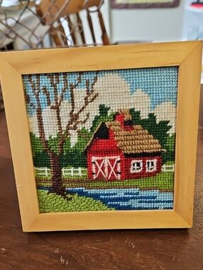 Framed Red Barn Needlepoint Wall Art - Home Decor 6 X 6